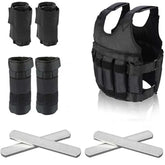 Showlu Well Nation Store's Adjustable 15-50Kg Weight Vest with Steel Plates and ankle/wrist weights is displayed on a white background, featuring black gear and four silver rectangular weight bars for strength training.