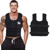 A muscular man wears the Showlu Well Nation Store 20KG Adjustable Weighted Vest for Boxing & Fitness Training, smiling with hands in pockets. Beside him is a close-up of the breathable, durable vest shown flat and empty.