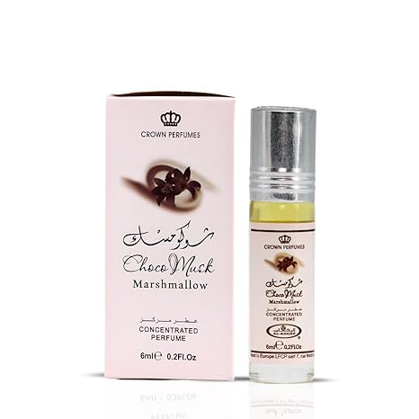 Choco Musk Marshmallow Perfume Oil Roll-On 6ml by Al-Rehab with pink box and silver cap bottle, featuring sweet gourmand notes of strawberry, cocoa, and marshmallow.