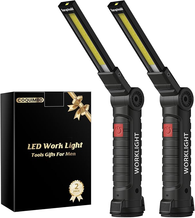 2-pack black rechargeable LED work lights with magnetic base, ideal Christmas stocking stuffers or white elephant gifts for men, dads, and mechanics.