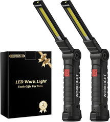 2-pack black rechargeable LED work lights with magnetic base, ideal Christmas stocking stuffers or white elephant gifts for men, dads, and mechanics.