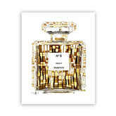 Stylized illustration of a Chanel No. 5 bottle with gold and yellow accents, featured in Fashion Perfume Bottle Prints Nordic Poster—luxurious wall art for women’s bedrooms or living rooms, using waterproof canvas painting on a white background.
