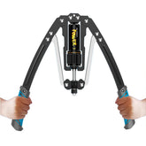 Two hands grip the handles of a black and blue Fitness Equipment Adjustable 22-440lbs Hydraulic Power Twister Arm Enhanced Exercise Strengthener, featuring a visible central power adjustment mechanism.