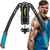 A muscular man in a blue tank top flexes and shouts beside the Twister Arm Exerciser—an adjustable 22-440lbs hydraulic power arm, chest, and shoulder trainer for strength and grip training.