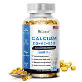 A white bottle of Calcium Supplement with Vitamins D3+K2+B12 Supports Nerve and Muscle Function, Heart Health and Immunity features blue/yellow labels and yellow capsules. This unisex, gluten-free, vegan, non-GMO supplement includes glucosamine and chondroitin.