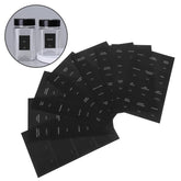 32Pcs Waterproof Rectangle Spice Bottle Labels are shown fanned out in black sheets; inset displays two clear jars with black lids labeled SALT and SEASONING using these self-adhesive kitchen pantry stickers.