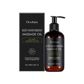 A 100ml pump bottle and box of Body Moisturizing Massage Oil Nourishing Smoothing Tightening Soothing Glowing Brightening Reduce Wrinkles Soft Body Massage Oil with collagen, rosemary, grapeseed, eucalyptus, lemon, and grapefruit oils for smooth skin.