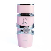 A pink 100ml Lattafa Yara Vanilla Gourmand Fruity Floral Eau De Parfum by Showlu Well Nation Store, with silver accents, Arabic script, and metallic bands; this long-lasting unisex fragrance is perfect for women seeking a floral scent.