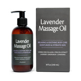 A brown 240ml pump bottle of Skin Firming Body Massage Oil sits beside its black box, highlighting moisturizing and skin firming benefits from natural relaxing aromatherapy ingredients like lavender, lemon balm, and chamomile.