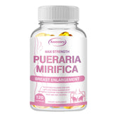 A bottle labeled PUERARIA MIRIFICA - Breast Supplement To Support Bigger, Rounder, Firmer Breasts, containing 120 unisex capsules. The label displays pink text and a simple line drawing of a woman’s bust.