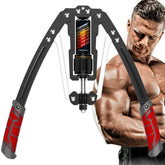 A muscular man looks at his flexed arm while holding a Red Adjustable 22-440lbs Twister Arm Exerciser, featuring hydraulic power for home chest expanding and shoulder muscle training fitness.