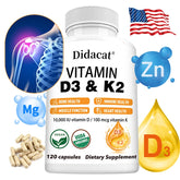 A bottle of Vitamin D3+K2 Supplement 10000IU (MK-7), a non-GMO unisex product with 120 capsules for bone, heart, muscle, and immune support. The image shows icons for these benefits plus zinc, magnesium, vitamin drop, and a U.S. flag.