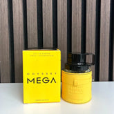 A yellow box and matching bottle of ARMAF ODYSSEY OMEGA Eau de Parfum Spray 3.4 oz/100ml (Limited Edition) from Showlu Well Nation Store are displayed side by side on a white surface before a wood-paneled wall.