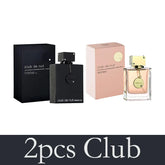 Two perfume bottles and boxes: one black, Armaf Club De Nuit Intense Man Eau De Toilette 3.6oz by Showlu Well Nation Store, and one light pink. Both feature a captivating fragrance. Text below reads "2pcs Club.