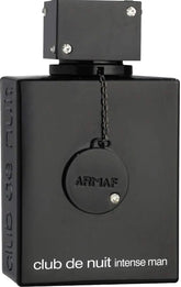 A black rectangular 3.6oz bottle of Armaf Club De Nuit Intense Man eau de toilette, wood spicy scent, with a chain and round medallion. Silver brand and scent names appear at the bottom and side of the unisex fragrance bottle.