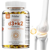 A bottle of Vitamin D3+K2 Softgels is shown beside a digital image of a highlighted knee joint and capsules, suggesting benefits for bone, heart, immune system health, and improved calcium metabolism.