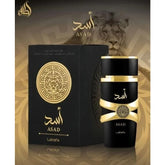 A black and gold Lattafa Asad Perfume for Men 100ml bottle by Showlu Well Nation Store, with its box, is set against a backdrop of a lion and ornate patterns—an oriental eau de parfum that's bold and unforgettable.