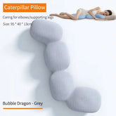 A person hugs a segmented, grey pillow shaped like four bubbles. Text: Memory Foam Hold In Bed Sleeping Body for Pregnant Women, Orthopedic Long Pillow, ice silk cover, elbow/leg support; color: Bubble Dragon - Grey.