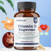 A bottle of High Potency Vitamin D3 5000 IU has 120 vegetarian capsules, formulated to support muscle, bone, and nervous system health. The label features health icons for this unisex supplement.
