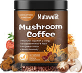 A jar of Mutsweet Lion's Mane Mushroom Coffee with Reishi, a low-caffeine instant drink for memory, focus, stress relief, and better mood, is shown surrounded by mushroom capsules. For men and women; no jitters or crash.