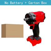 A Brushless Impac Wrench 500N.m Electric Driver 1/2" for Milwaukee 18V Battery is shown in red and black without a battery beside a plain brown carton box. "No Battery + Carton Box" appears on a blue background above.