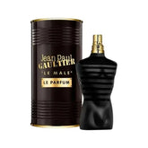 A black, torso-shaped perfume bottle with gold accents stands next to a matching box labeled Jean Paul Gaultier Le Male Cologne 125ml from Showlu Well Nation Store, displayed against a white background.