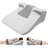 The Bed Wedge Sleeping Pillow for Acid Reflux or Prone Position is shown in gray and white, with a woman lying on her back using it to support her head and upper back while her legs are flat on the floor.