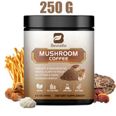 BWEORTHS Mushroom Coffee (70/120/250g) with Reishi & Lion’s Mane supports immunity, focus, and memory. It's labeled NO-GMO, vegan, gluten-free, and soy-free. Packaging features mushrooms and coffee powder images.