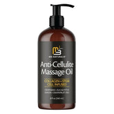 A brown 8 fl oz (240ml) bottle labeled Collagen & Stem Cell Anti-Cellulite Massage Oil features grapeseed, eucalyptus, lemon, and grapefruit oils. Unisex formula helps improve skin firmness and promotes cell longevity. One unit.