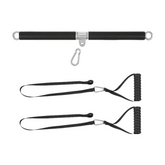 The Tricep Biceps Back Blaster Rope Lat Pull Down Attachment features a black metal bar with dual loops, a central clip, and two detachable resistance bands with ribbed handles—perfect for chest and muscle workouts—shown on a white background.