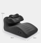 The New Butt Cushion Multifunctional Prone Position Lie Pillow features a unique curved design for lumbar and head support, doubling as a pillow or cushion. Dimensions: 58x40x31cm, plus neck/head sections of 26cm, 10cm, and 5cm.