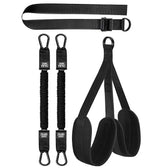 The Pull Up Assistance Bands Set includes two padded cuffs, two elastic connectors, and an adjustable belt with metal clips and D-rings for secure support during pull-ups, chin-ups, body stretching, or strength training exercises.