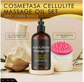 The 240ml Anti Cellulite Massage Oil infused with Collagen and Stem Cell, a pink massage mitt, a bar of soap, and a towel are displayed together. Text above reads: Cosmetasa Cellulite Massage Oil Set – Great Combo Bundle.