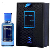 A blue bottle of Bharara Men’s 3.4 Ounce Eau de Parfum, perfect as a holiday gift, stands beside its black and blue patterned box, both featuring the brand name in gold and blue accents.