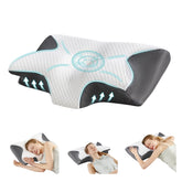 The JHK Ergonomic 23.6"x13.8" Cervical Neck Memory Foam Pillow with a cooling pillowcase is shown in white, gray, and blue; three images display a woman sleeping on her side, back, and stomach using the pillow.