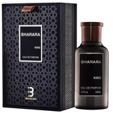A black bottle of Bharara King Men's Eau de Parfum 3.4oz (100ml), featuring a refreshing citrus & musk scent, stands by its matching black and gold box—both displaying the name and formaldehyde-free fragrance details.