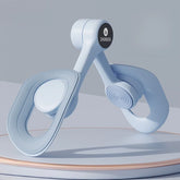 The Non-Slip Comfortable Pelvic Floor Muscle Trainer is a light blue, abstract-shaped thigh and leg exerciser for postpartum recovery and butt training, featuring oval openings and a round joint, shown on a circular platform with a soft gray background.