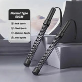 Two black Strength Training Bar Ergonomic Fitness Grip Biceps Triceps Strengthener Spring Arm Expanders, 50CM, for back, chest, abdomen, and arms workouts. Stylish background with geometric shapes and a desert-like landscape.