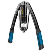 The Adjustable Hydraulic Power Twister is a black and silver forearm exerciser with two blue-gripped arms, designed for arm, biceps, abdomen, and muscle strength training.