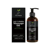 A bottle of Collagen Tightening Massage Oil with a pump dispenser sits beside its black box. Both feature green accents and ingredients like grapeseed, lemon, and eucalyptus for deep hydration and visible skin repair.