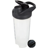 The 28 oz Shaker Bottle for Protein Shakes features measurement markings, a black screw-on lid with flip cap, separate mixing ball cap, and handle. Chemical-free and designed in Mainland China—ideal as a travel to-go shaker cup.