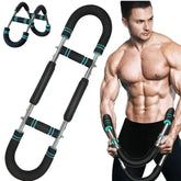 A muscular man exercises with the Adjustable Resistance Stainless Steel Chest and Arm Trainer, featuring foam-padded handles and turquoise accents. The detachable home gym equipment is also shown separately in two views.