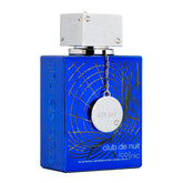 Armaf Club de Nuit Blue Iconic for Men Eau de Parfum Spray, 105ml by Showlu Well Nation Store features a blue rectangular bottle with gold patterns, silver cap, chain & tag—a floral men's fragrance and exclusive new launch.