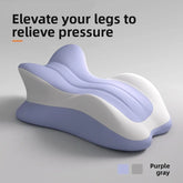 The Memory Foam Bed Wedge Pillow in purple and gray features "Elevate your legs to relieve pressure." Ideal for massage, relaxation, and pain relief; no batteries needed. A swatch shows available colors.