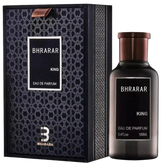 A bottle of Bharara King Men's Eau de Parfum 3.4oz (100ml), a refreshing citrus & musk, long-lasting, formaldehyde-free fragrance, stands by its black box with silver geometric designs and bold branding.