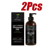 A bottle and box of Collagen Firming Massage Oil—hydrating, nourishing, and infused with grapeseed, lemon, and grapefruit oils. Black packaging with green accents highlights this soothing body oil. Large red “2Pcs” text on top.