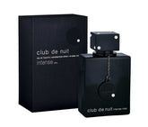 A 3.6 oz Armaf Club de Nuit Intense Cologne for Men Eau De Toilette Spray from Showlu Well Nation Store sits before its matching black box, featuring a rectangular black bottle with a chain around the neck and a silver-accented cap.