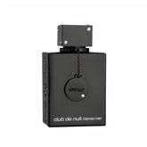 A black rectangular bottle of Armaf Club de Nuit Intense Men EDT for Him by Showlu Well Nation Store, a long-lasting citrus aromatic woody cologne, features a circular tag on a chain and sleek white text at the bottom front.