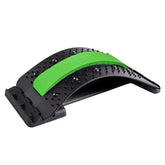 The Showlu Well Nation Store Back Stretcher for Back Pain Relief features a black plastic curved design with a green padded strip and acupressure nodes, offering multi-level support for herniated discs; made in Mainland China.