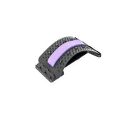 The Showlu Well Nation Store Back Stretcher Lower Back Pain Relief Device is a black plastic back massager with a curved design, raised massage points, and a central purple foam strip for ultimate lumbar support and comfort.